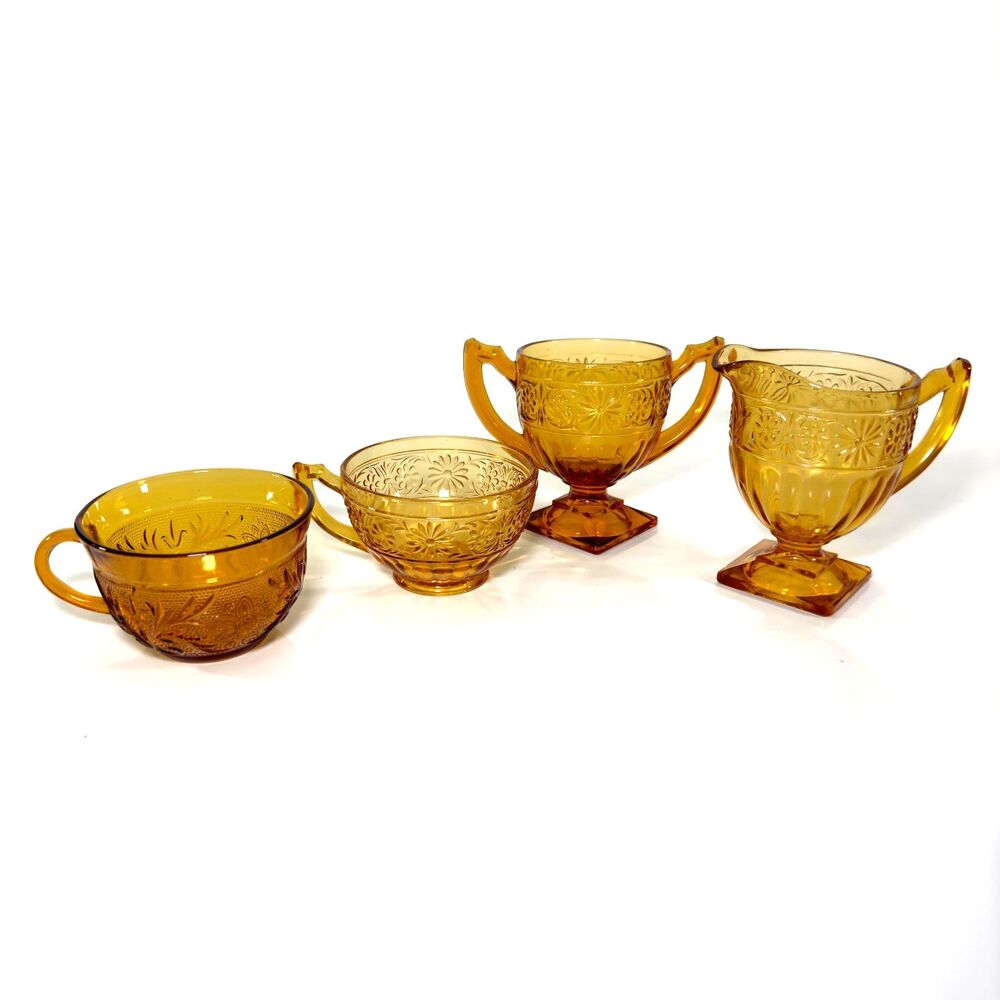 Vintage Indiana Glass Company Amber Daisy Pattern Cream and Sugar Set LOT of 4